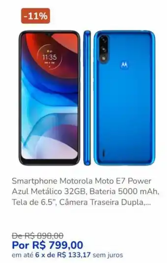 Pernambucanas Smartphone Motorola Moto E7 Power Azul Metalico 32GB, Bateria 5000 mAh, Tela de 6.5" oferta