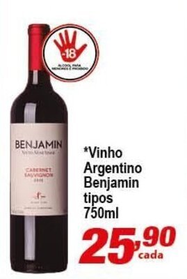 Ricoy Supermercados Vinho Argentino Benjamin tipos 750ml oferta