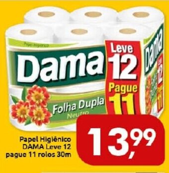 Papel Higiénico Dama Leve 12 pague 11 rolos 30m
