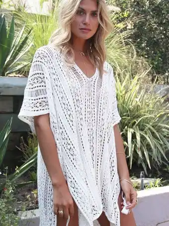 AliExpress Verão sexy praia cobrir branco crochê robe de plage pareo para mulher roupa de banho saida praia beachwear capa ups oferta