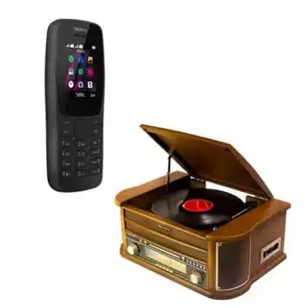 Combo vitrola multifuncional obavintage plus e celular nokia 110 com rádio fm e leitor integrado preto - 276881k