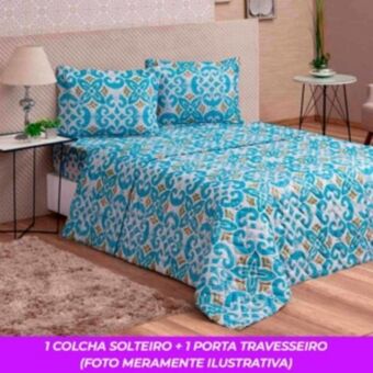 Vest Casa Kit cobre leito colcha solteiro col vidaecor 2 peças azulejo português blue vestcasa oferta