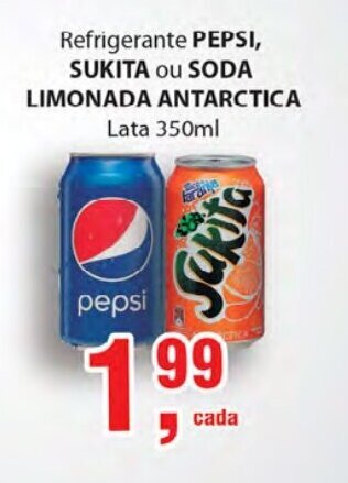 Supermercados Mundial Refrigerante Pepsi, Sukita ou Soda Limonada Antarctica lata 350ml oferta