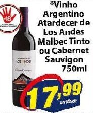 Vencedor Atacadista Vinho Argentino Atardecer De Los Andes Malbec tinto ou Cabernet Sauvignon 750ml oferta