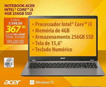 Lojas Cem Notebook Acer Intel Core i3 4GB 256GB SSD oferta