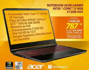 Lojas Cem Notebook Acer gamer Intel Core i7 8GB 512GB 4GV oferta