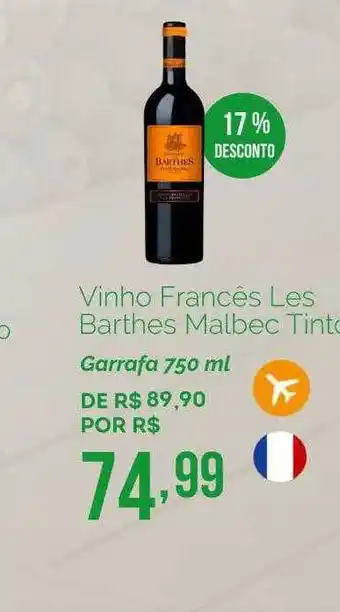Oba Hortifruti Vinho Francês Les Barthes Malbec Tinto 17% Desconto oferta