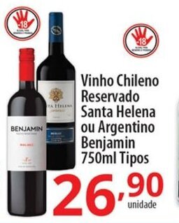 Akki Atacadista Vinho Chileno Reservado Santa Helena ou Argentino Benjamin 750ml tipos oferta