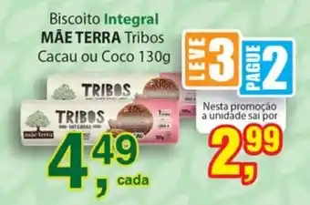 Supermercados Mundial Biscoito Integral Mae terra Tribos Cacau ou Coco 130g oferta