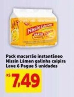 Extra Supermercado Pack macarrao instantaneo Nissin Lamen galinha caipira Leve 6 Pague 5 unidades oferta