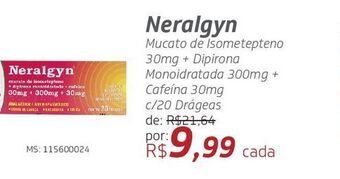 Neralgyn mucato de isometepteno 30mg + dipirona monoidratada 300mg + cafeína 30mg c/20 drágeas