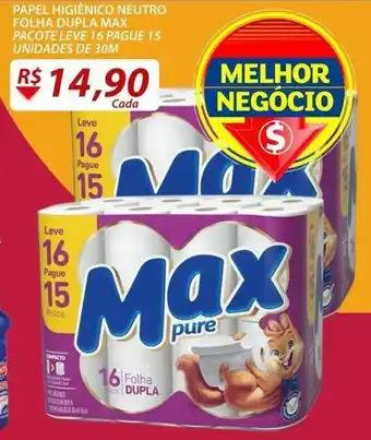 Assaí Atacadista Papel Higiénico Neutro Folha Dupla Max pacote leve 16 pague 15 unidade de 30m oferta