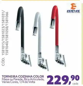Torneira cozinha color mesa ou parede, bica articulada, várias cores, 1/4 de volta
