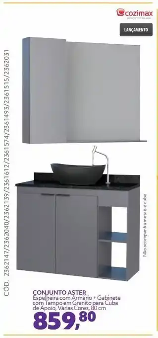 Conjunto aster espelheira com armário + gabinete com tampo em granito para cuba de apoio, várias cores, 80 cm