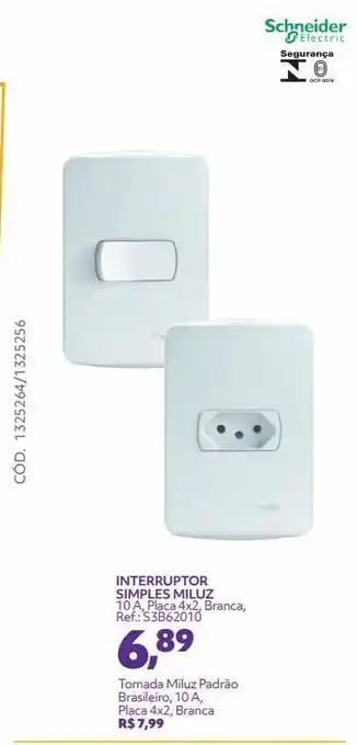 Telhanorte Interruptor simples miluz 10 a, placa 4x2, branca, ref.: s3b62010 oferta