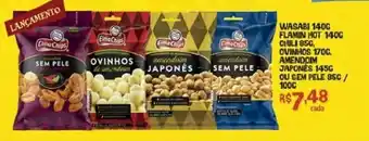 Supermercados Mundial Wasabi 140g Flamin Hot 140g Chili 85g, ovinhos 170g, amendoim Japones 145g ou sem pele 85g/100g oferta