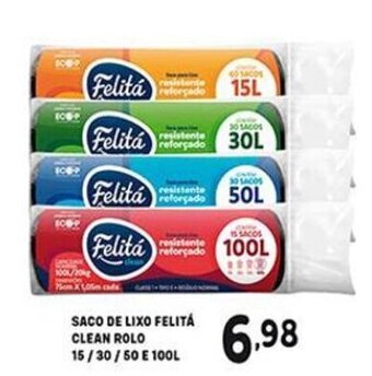 Saco de Lixo Felita Clean Rolo 15/30/50 e 100L
