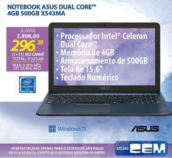 Lojas Cem Notebook Asus Dual Core 4GB 500GB X543MA oferta