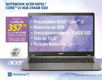 Notebook Acer Intel Core i3 4GB 256GB SSD