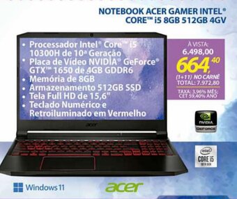 Lojas Cem Notebook Acer gamer Intel Core i5 8GB 512GB 4GV oferta