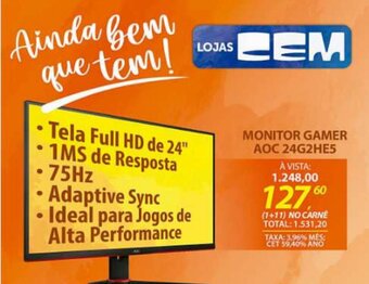 Lojas Cem Monitor gamer AOC 242HES oferta