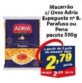Vencedor Atacadista Macarrao c/ Ovos Adria Expaguete n8 Parafuso ou Pena pacote 500g oferta