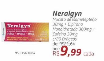 Drogal Neralgyn mucato de isometepteno 30mg + dipirona monoidratada 300mg + cafeína 30mg c/20 drágeas oferta