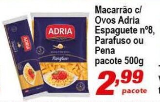 Ricoy Supermercados Macarrao c/ Ovos Adria Espaguete n 8, Parafuso ou Pene pacote 500g oferta