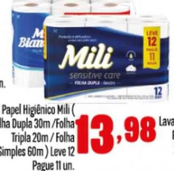 Rede Top Papel Higiênico Mili Folha Dupla 30m Folha Tripla 20m Folha Simples 60m Leve 12 Pague 11 Un. oferta