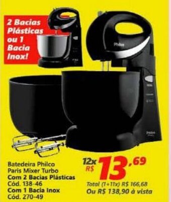 Lojas Becker Batedeira Philco Paris Mixer Turbo com 2 Bacias Plasticas oferta