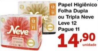 Roldão Papel Higiénico Folha Dupla ou Tripla Neve Leve 12 Pague 11 oferta