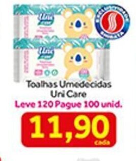 Toalhas Umedecidas Uni Care Leve 120 pague 100 unid