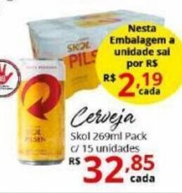Ricoy Supermercados Cerveja Skol 269ml pack c/ 15 unidades oferta