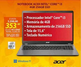 Lojas Cem Notebook Acer Intel Core I3 4gb 256gb Ssd oferta