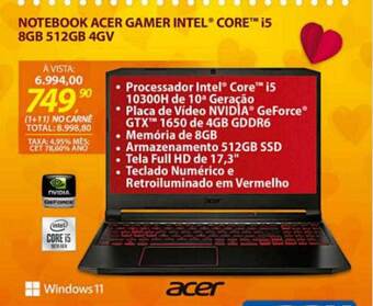 Lojas Cem Notebook Acer Gamer Intel Core I5 8gb 512gb 4gv oferta