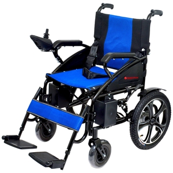 Best Buy Foldable Electric Powered Mobility Wheelchair for Seniors and Adults, 75 lbs Weight, 360° Joystick - Black Frame Blue Seat offer