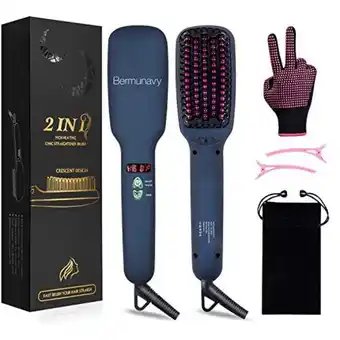 Amazon Ionic hair straightener brush - bermunavy upgraded 2-in-1 ionic straightening brush with anti-scald feature, auto temperature offer