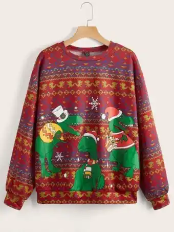 SheIn Shein drop shoulder dinosaur & christmas pattern pullover offer
