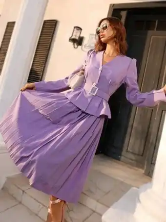 SheIn Puff sleeve belted top & pleated skirt offer