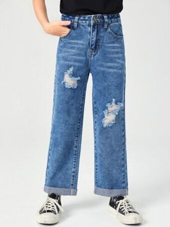 SheIn Shein girls high waist ripped straight leg jeans offer