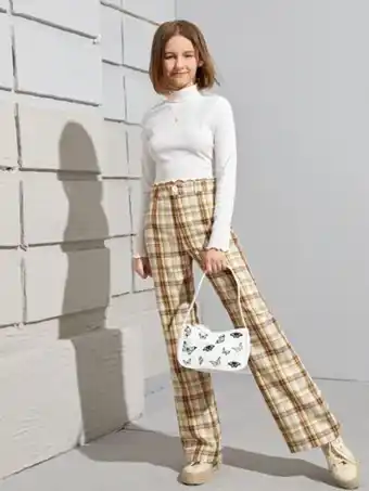 SheIn Shein teen girls lettuce trim crop tee & tartan pants set offer