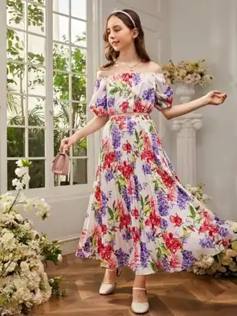 SheIn Shein teen girls floral print bardot top & pleated skirt set offer
