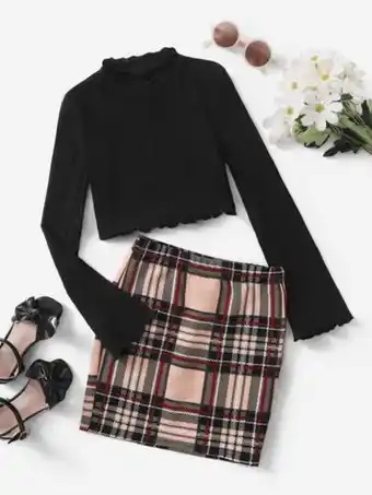 SheIn Shein girls solid frill knit top & tartan skirt offer