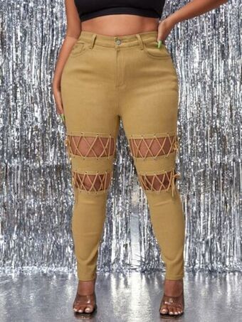 SheIn Plus high waist eyelet lace up knot cut-out skinny jeans offer
