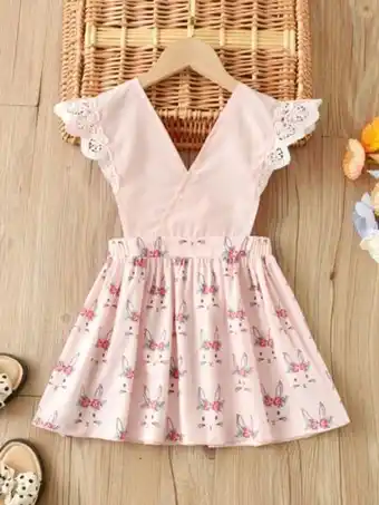 SheIn Toddler girls cartoon rabbit print contrast lace dress offer