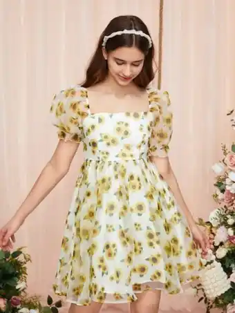 SheIn Shein teen girls sunflower print puff sleeve square neck organza dress offer