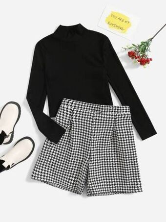SheIn Shein girls mock neck top & houndstooth shorts offer