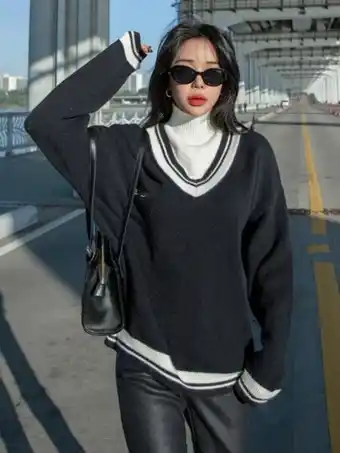 SheIn Dazy letter embroidery striped trim drop shoulder cricket sweater offer