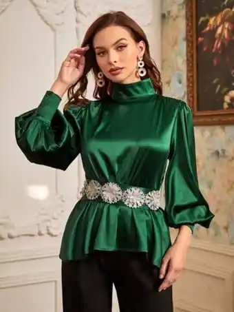 SheIn Shein funnel neck appliques belted peplum top without necklace offer