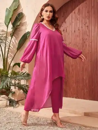 SheIn Shein plus applique detail lantern sleeve tunic top & pants set offer